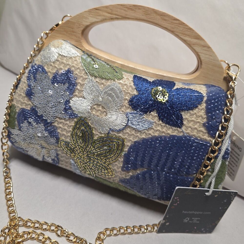 Haute Hippie Floral Sequin Embroidered Purse Wood Handle - Gold Chain NEW